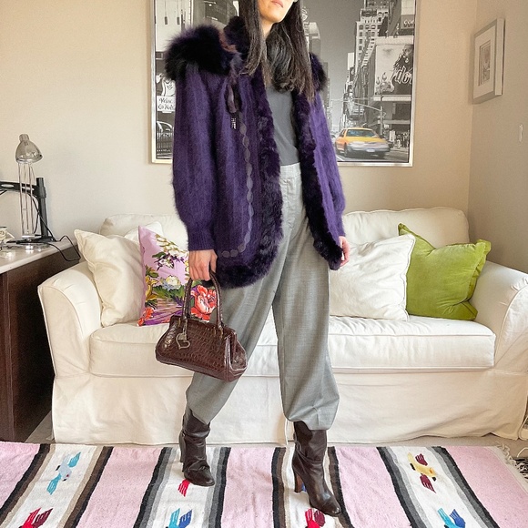 Purple knit angora jacket with fur trim - Picture 4 of 15